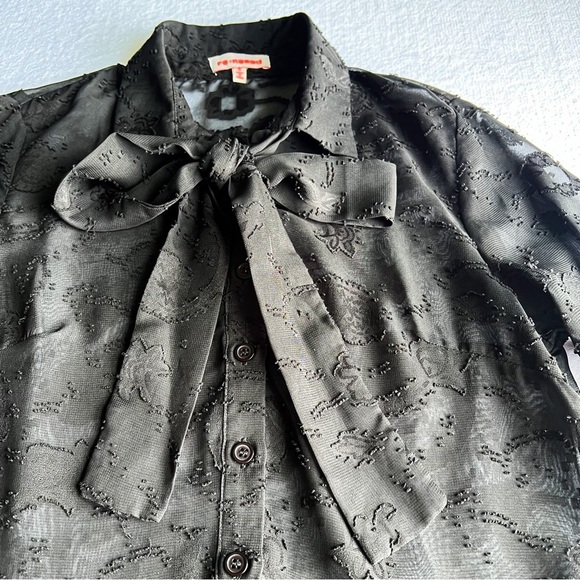 Women’s Black Sheer Embroidered Mini Dress Ruffle Hem Long Sleeve Button Up - Picture 3 of 15